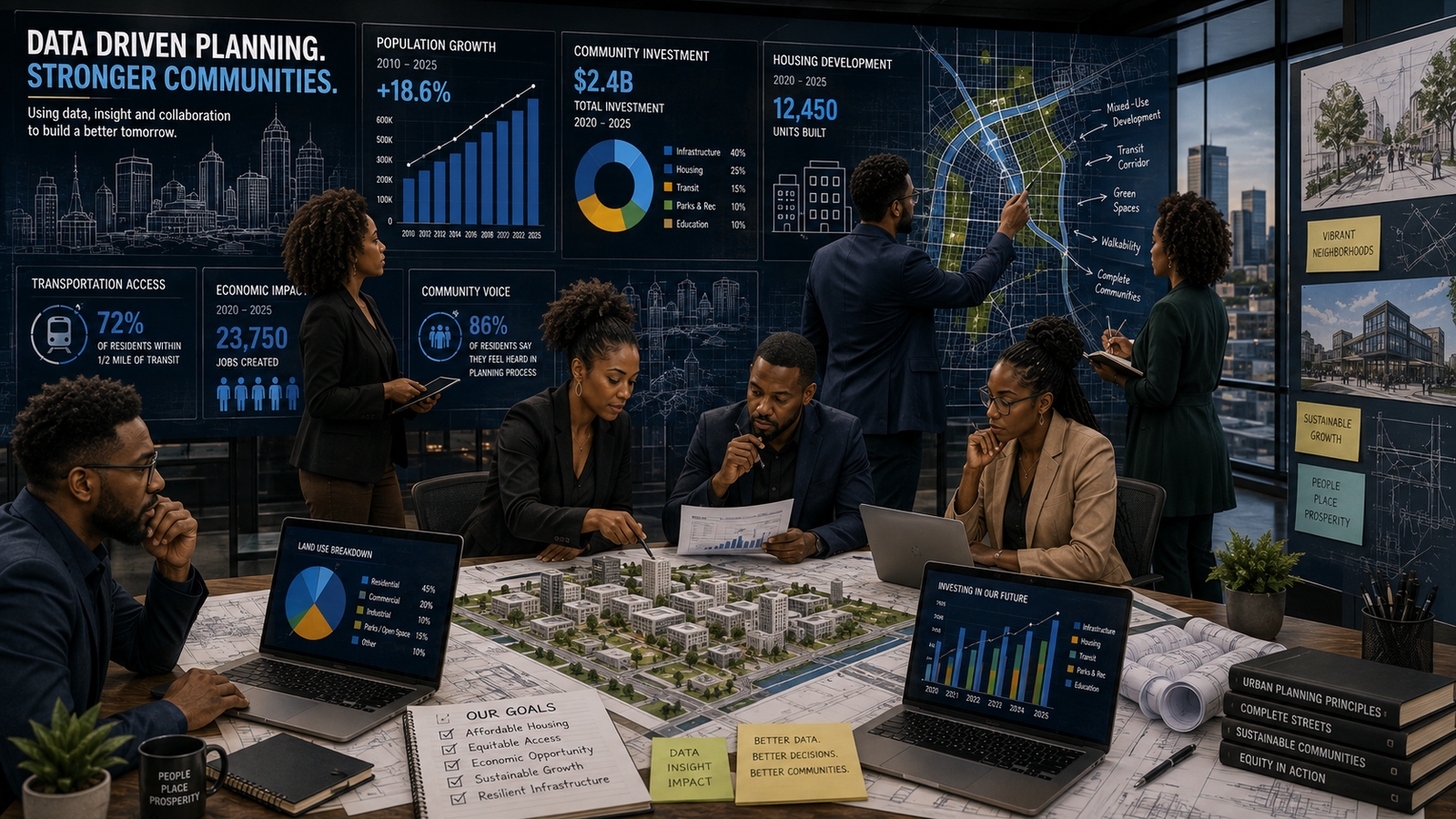 Data-driven planning team reviewing community investment, population growth, transit access and housing development statistics around a model cityscape