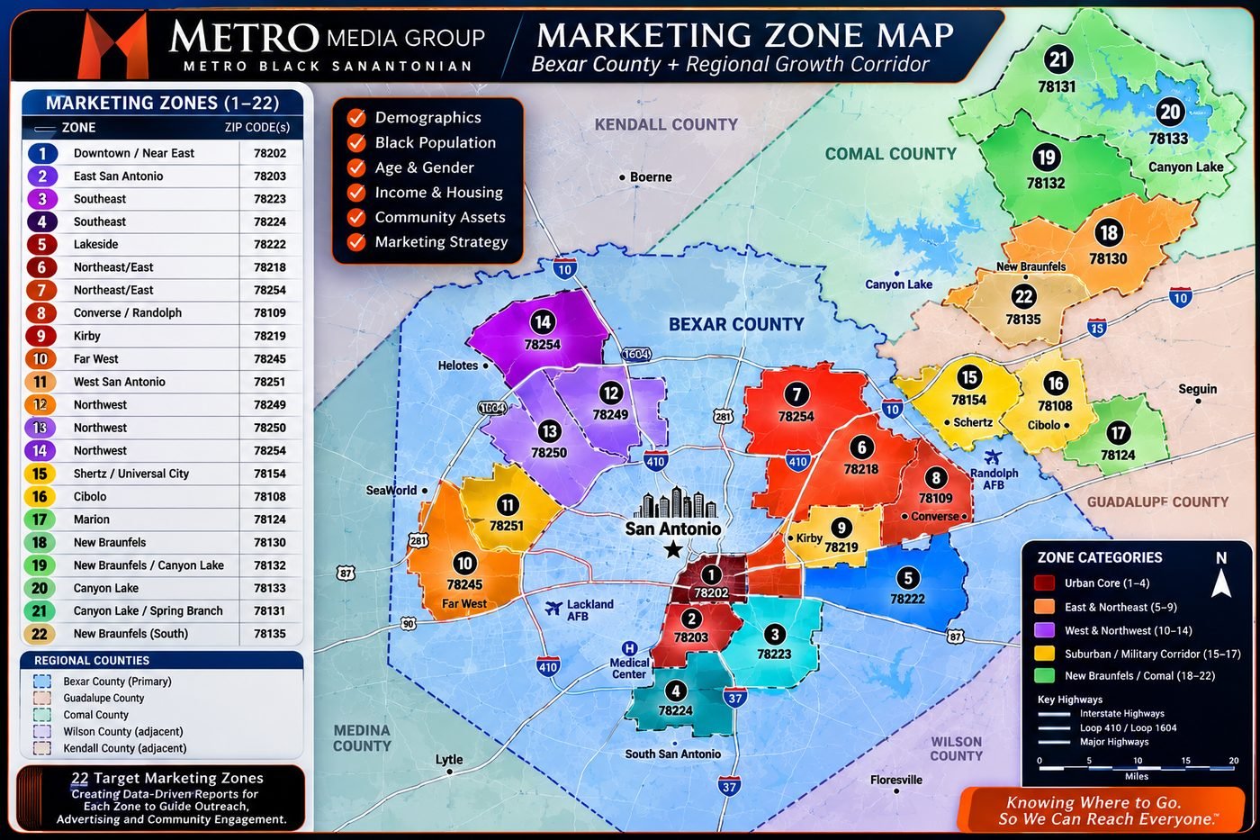 Metro Media Group marketing zone map covering Bexar County and the regional growth corridor, divided into 22 numbered zones